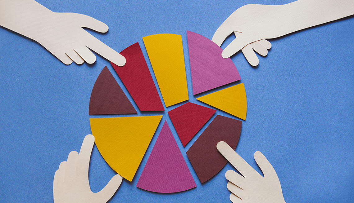 Paper craft illustration of hands holding a piece of pie charts