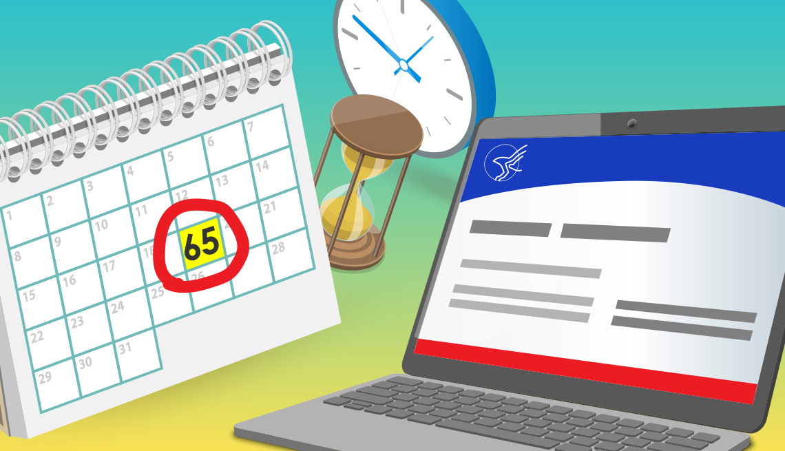 a calendar with the number sixty five circled on a birth date an hourglass a clock and the medicare website to represent time to sign up for medicare
