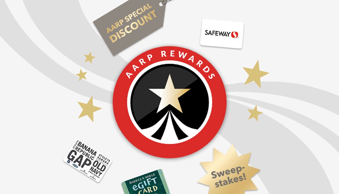 AARP Rewards Logo with safeway and gap gift cards
