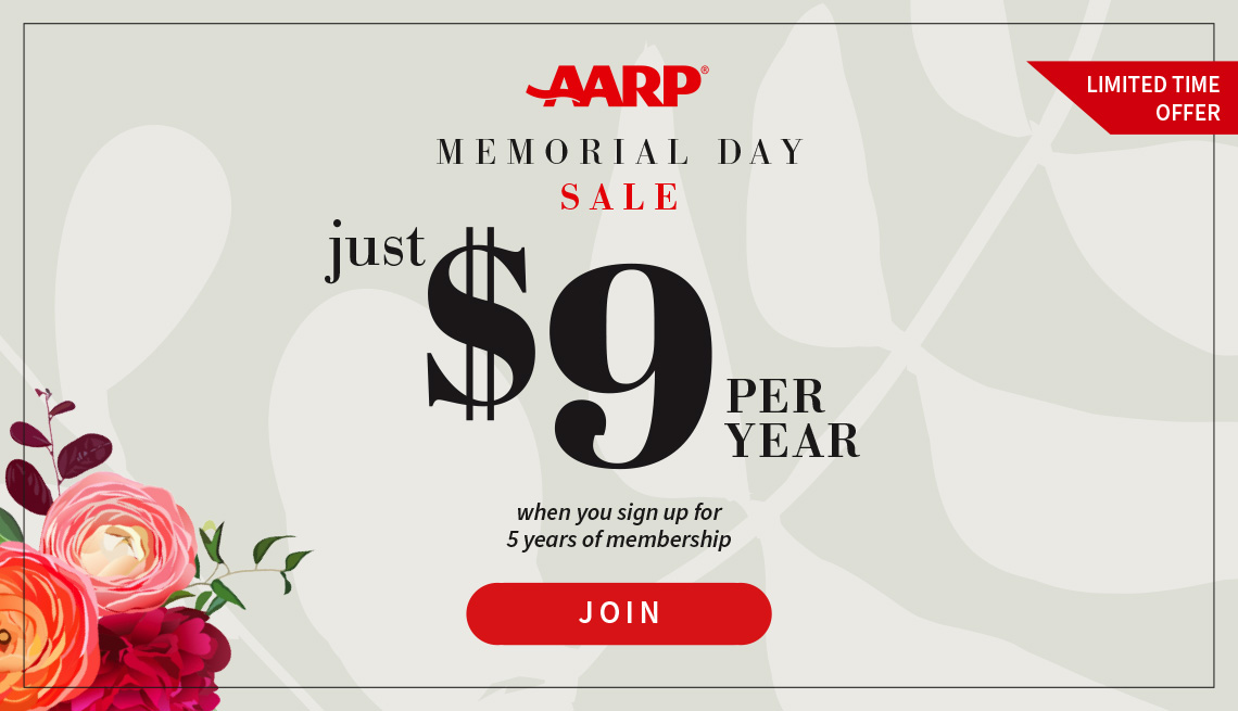 Memorial Day Membership Sale banner featuring $9/year when you sign up for 5 years of  AARP membership