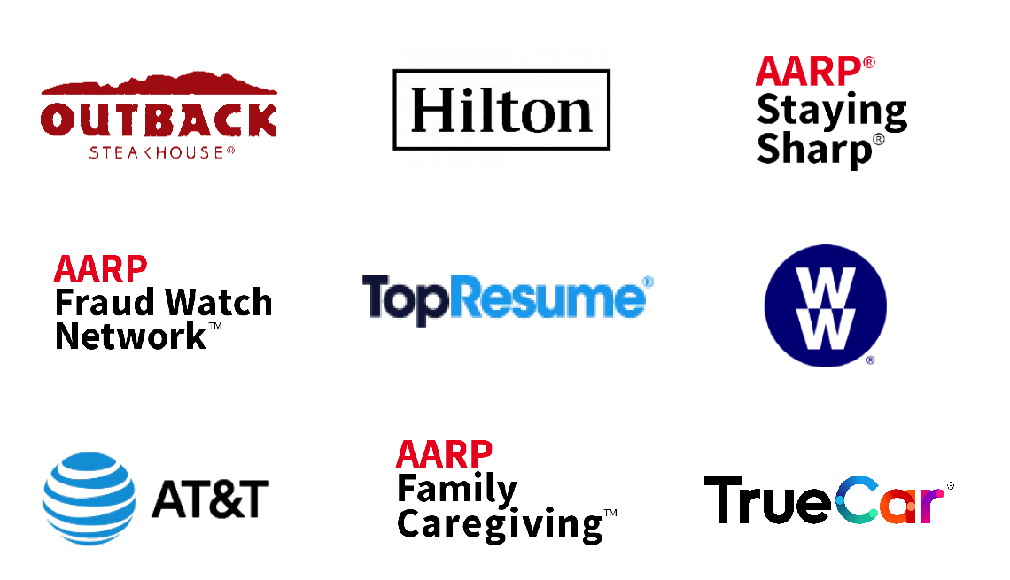 Collage of AARP logos including Outback steakhouse, Hilton, AARP staying sharp....